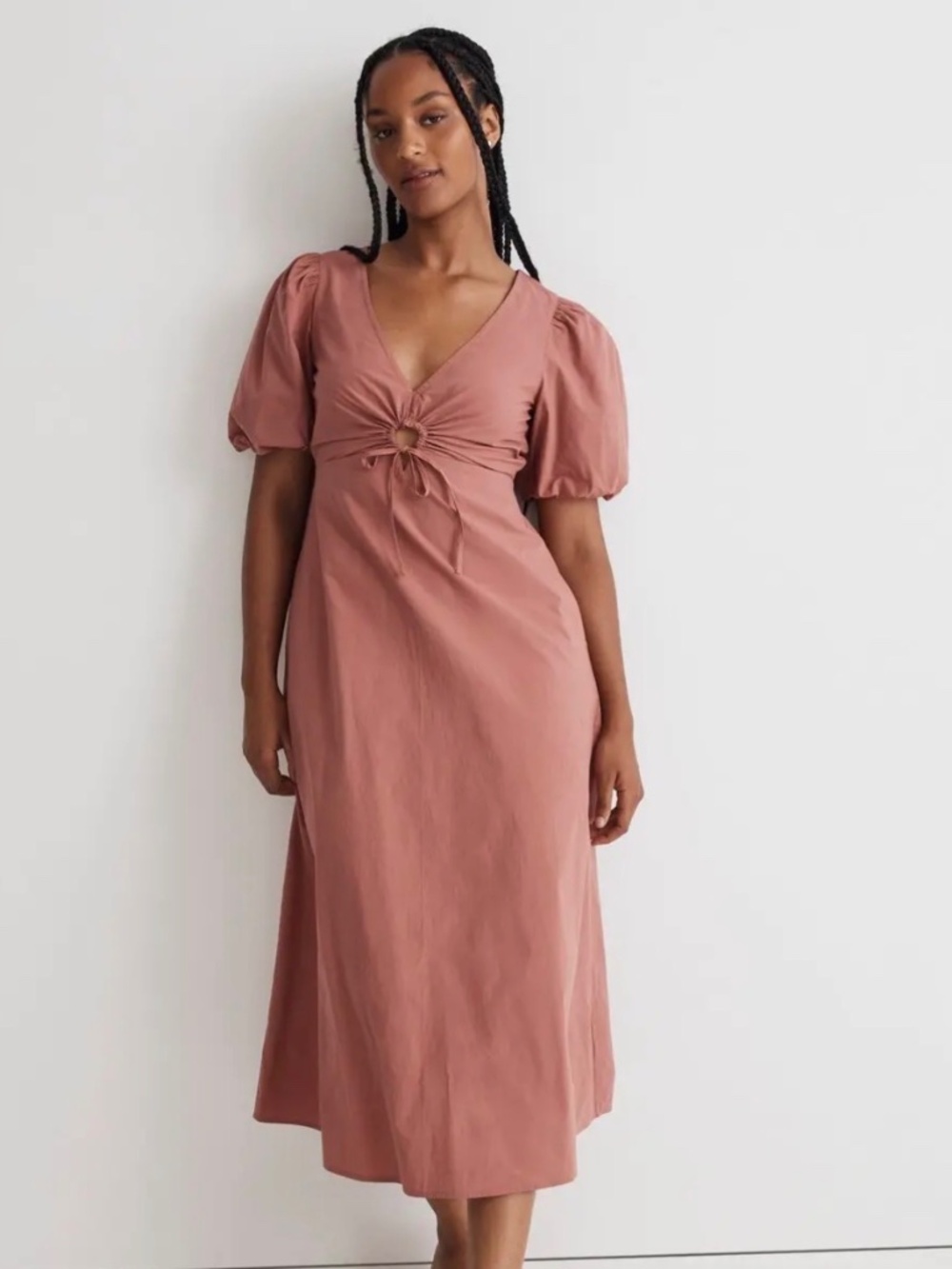 Madewell Poplin Cutout Puff-Sleeve Midi Dress